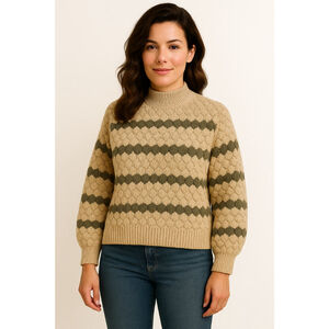 Women’s Long Sleeve Mock Neck Knit Sweater – Tan/Brown Stripes – Size L - NWT